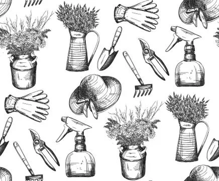 Hand drawn pattern, garden tools, vector Stock Illustration