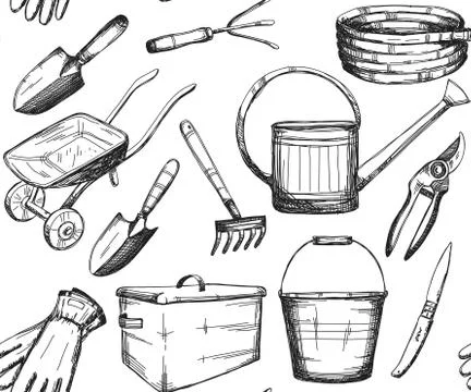 Hand drawn pattern, garden tools, vector Stock Illustration