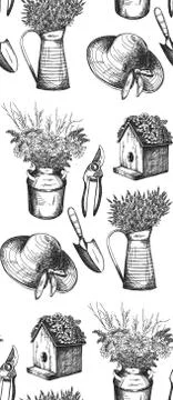 Hand drawn pattern, garden tools, vector Stock Illustration