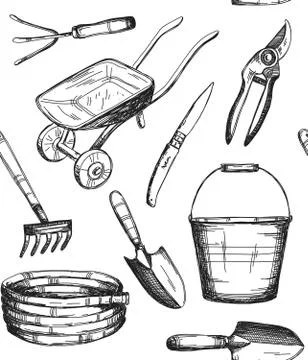 Hand drawn pattern, garden tools, vector Stock Illustration