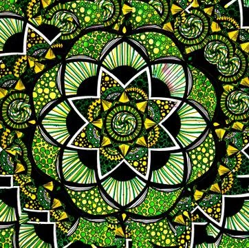 A hand drawn pattern with a mandala in the center green yellow outlined in black Stock Illustration