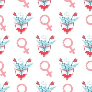 Hand drawn pattern with menstrual cup, flowers and female sign in pink and .. Stock Illustration