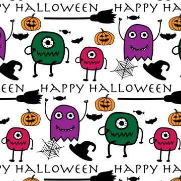 Hand Drawn Pattern With Monsters Halloween. Stock Illustration