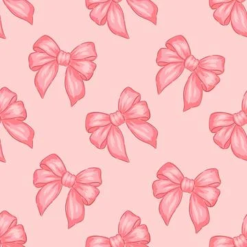 Hand drawn pattern of pink bows on a soft pink pastel background, cute design Stock Illustration