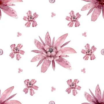 Hand drawn pattern with pink flowers adorable watercolor illustration on whit Stock Illustration