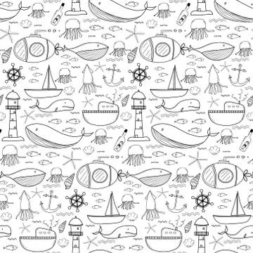 Hand Drawn Pattern With Sea Background. Vector Illustration. 스톡 일러스트