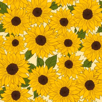 Hand drawn pattern sunflowers background. Flower yellow brown. Packaging Stock Illustration