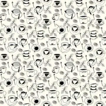 Hand drawn pattern with  tea and coffee cups Stock Illustration