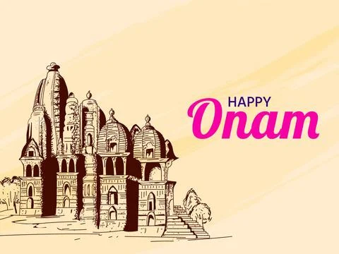 Hand drawn pattern temple on abstract yellow background for South Indian fe.. Stock Illustration