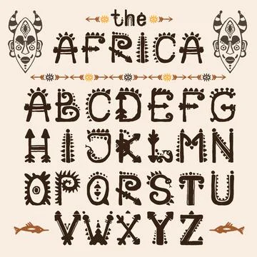 Hand drawn pattern with Tribal font typeface and mask ethnic . Capital Letters Illustrazione stock
