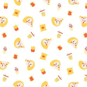 Hand drawn pattern vector illustration of girl with fast food. 스톡 일러스트