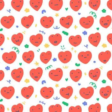 Hand drawn pattern vector illustration of heart with face in cartoon style. 스톡 일러스트