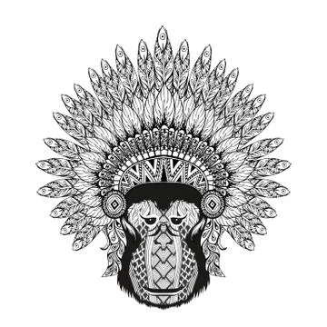 Hand Drawn patterned Monkey in zentangle style with Feathered Wa 스톡 일러스트