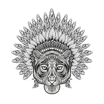 Hand Drawn patterned Tiger in zentangle style with Feathered War Illustration