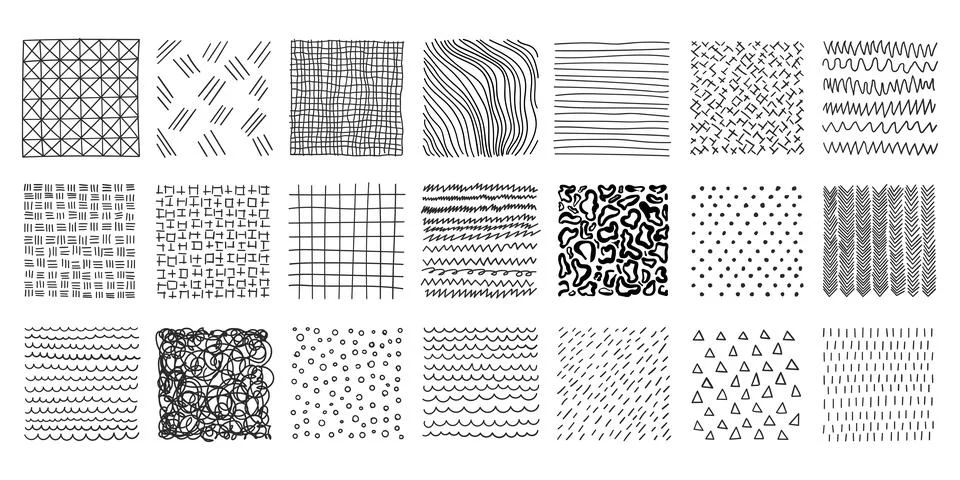 Hand drawn patterns in square icons set in flat style. Doodle sketch vector.. Illustrazione stock