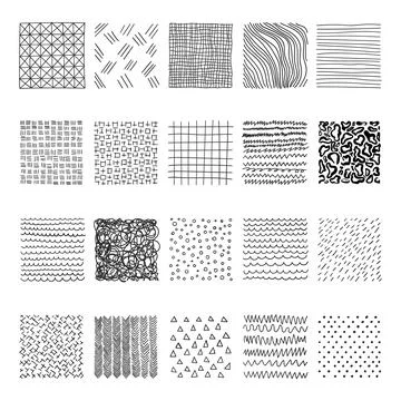 Hand drawn patterns in square icons set in flat style. Doodle sketch vector.. Stock Illustration
