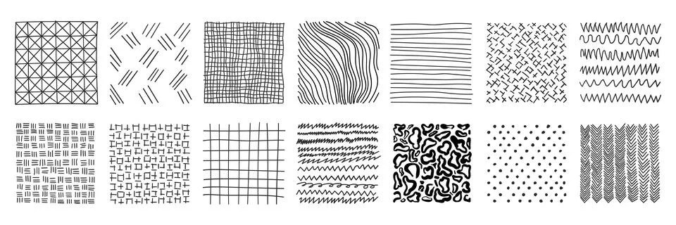 Hand drawn patterns in square icons set in flat style. Doodle sketch vector.. Stockillustratie