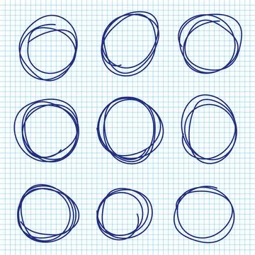 Hand drawn pen circles line sketch set on notebook pages. Drawing blue pen .. Stock Illustration