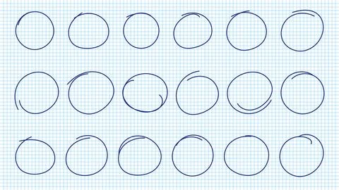 Hand drawn pen circles line sketch set on notebook pages. Drawing blue pen .. Stock Illustration