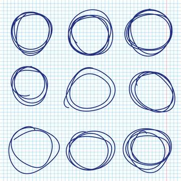 Hand drawn pen circles line sketch set on notebook pages. Drawing blue pen .. Stock Illustration