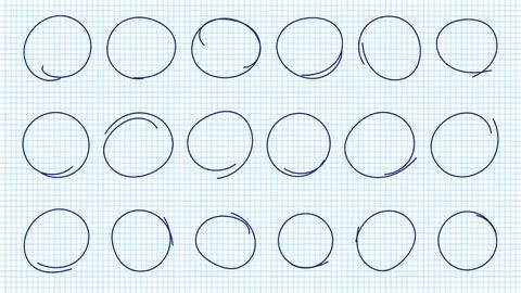 Hand drawn pen circles line sketch set on notebook pages. Drawing blue pen .. Stock Illustration