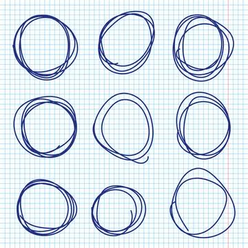 Hand drawn pen circles line sketch set on notebook pages. Drawing blue pen .. Stock Illustration