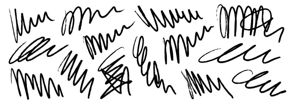 Hand drawn pen scribbles set. Grunge crayon curly doodle line pack. Black free Stock Illustration