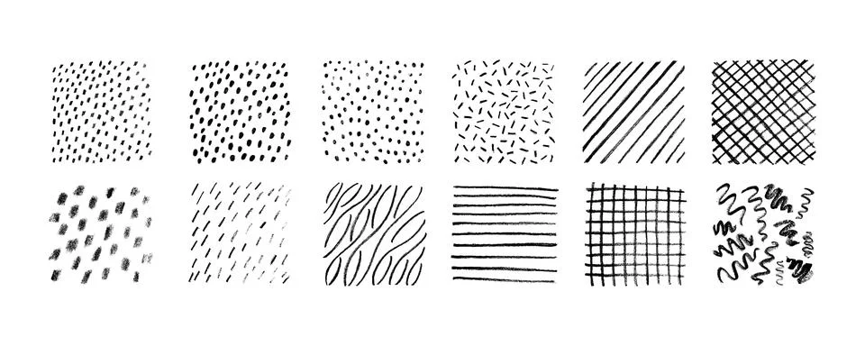 Hand drawn pencil textures pattern set. Crayon paint scratch lines and dots Stock Illustration