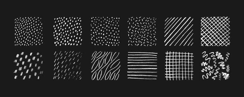 Hand drawn pencil textures pattern set. Crayon paint scratch lines and dots Stock Illustration