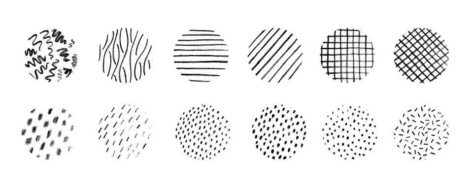 Hand drawn pencil textures pattern set. Crayon paint scratch lines and dots Stock Illustration