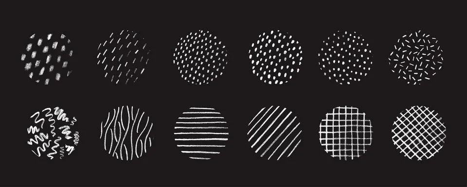 Hand drawn pencil textures pattern set. Crayon paint scratch lines and dots Stock Illustration