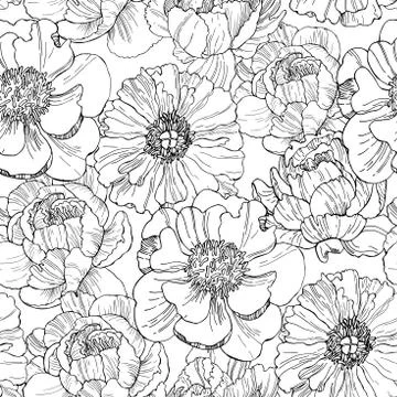 Hand drawn peonies. Vector seamless  pattern. Stock Illustration