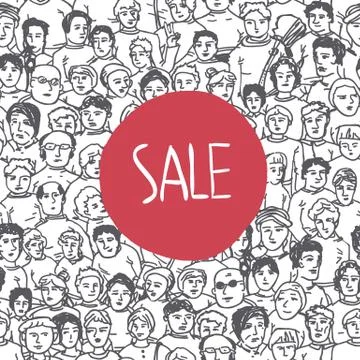 Hand Drawn People Characters Unrecognizable Seamless pattern with Sale Label Illustrazione stock