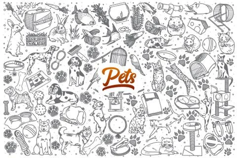 Hand drawn Pets doodle set with lettering Illustrazione stock