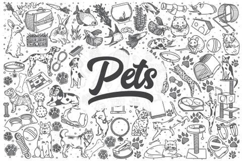 Hand drawn pets vector doodle set. 스톡 일러스트