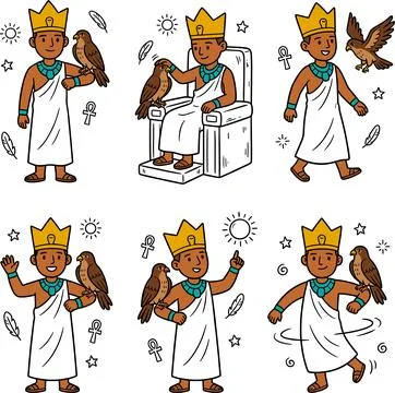 Hand Drawn Pharaoh with Falcon in Various Poses Illustration Set. Stock Illustration