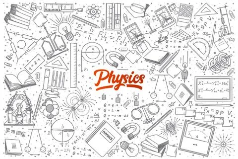 Hand drawn Physics doodle set with lettering Stock Illustration