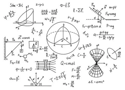 Hand drawn physics formulas Science knowledge education Illustrazione stock