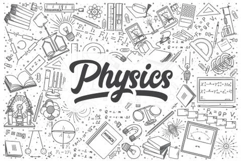 Hand drawn physics vector doodle set. Illustrazione stock