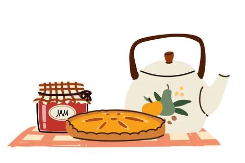 Hand drawn pie and kettle, rustic composition for cozy autumn card. Stock Illustration