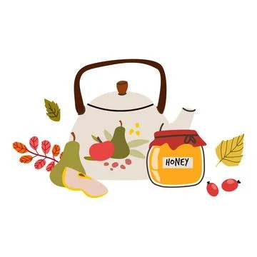 Hand drawn pie and kettle, rustic composition for cozy autumn card. Stock Illustration