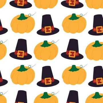 Hand Drawn Pilgrim Hat and pumpkin with tendril Seamless Pattern Thanksgiving Stock Illustration