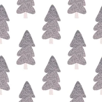 Hand drawn pine tree seamless pattern isolated on white background. Fir fores Stock Illustration