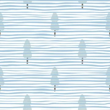 Hand drawn pine tree seamless pattern on stripe background. Fir forest wallpa Stock Illustration