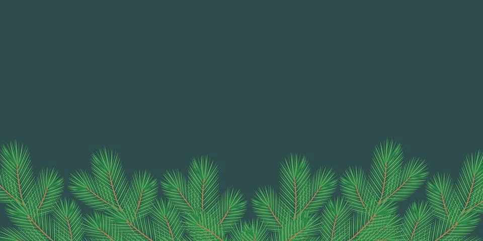 Hand Drawn Pine Twigs Bottom Banner Frame border on dark green Winter Holiday Stock Illustration