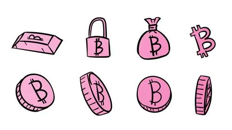 Hand drawn pink business bitcoin symbols. 2d money illustration with doodle d Stock Illustration