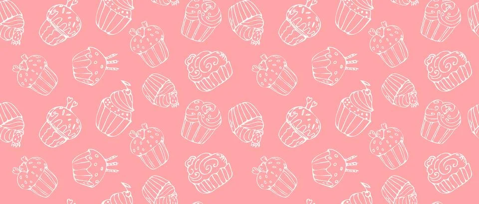 Hand drawn pink cupcake pattern with muffin and strawberry, cookies. Bakery Stock Illustration