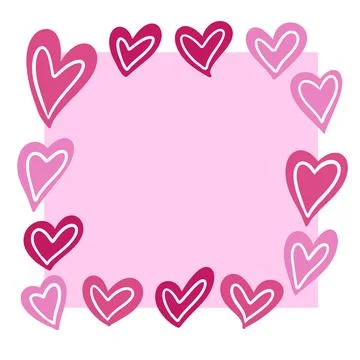 Hand drawn pink frame shape with red hearts. St valentine day love sweetheart Stock Illustration