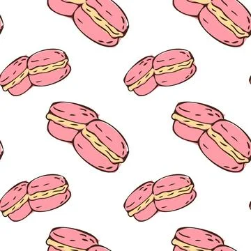 Hand drawn pink macaroons pattern. Bakery sweet dessert, doodle macaron san.. Stock Illustration