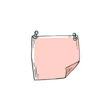 Hand drawn pink note paper pinned on wall vector illustration in sketch or Stock Illustration